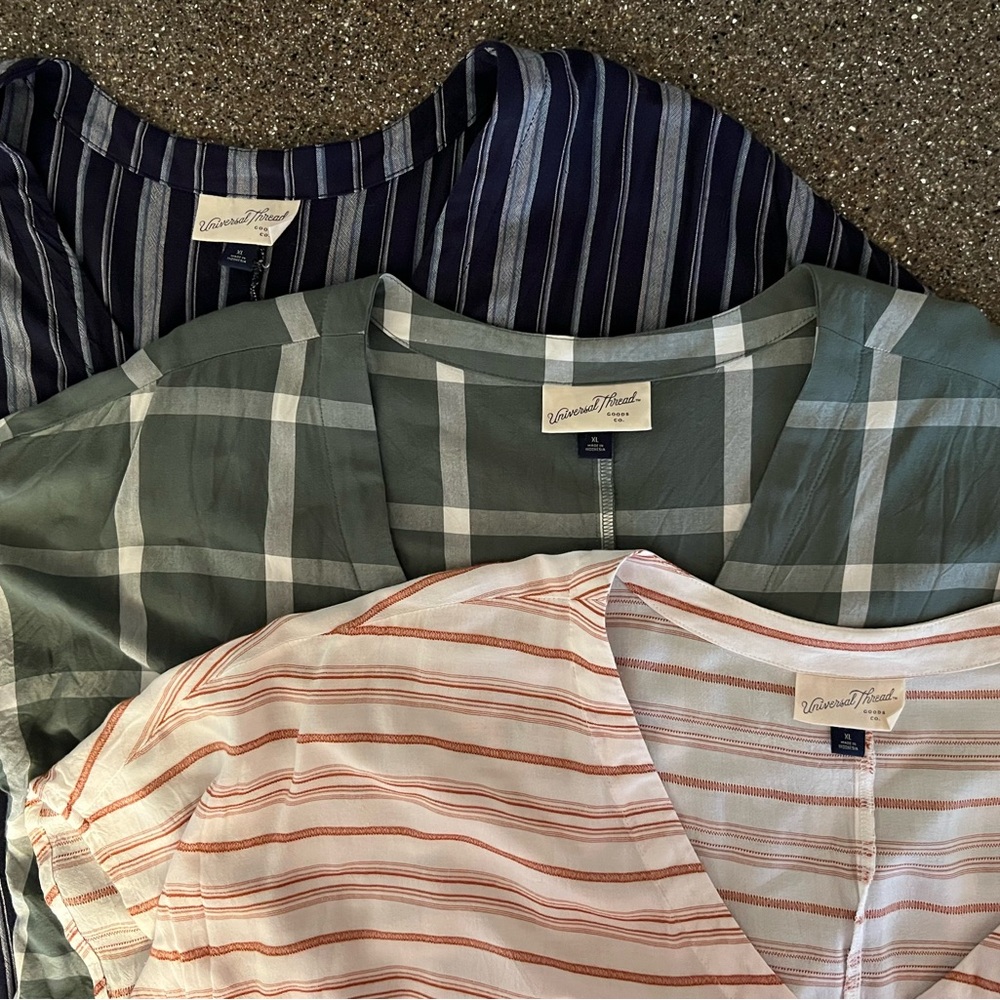 Bundle Universal Thread Set of 3 Striped and Plaid Tops - Green, Navy, White